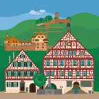 A timber-framed building and the timber-framed town hall below the Unteres Schloss (lower palace) and Hohenbeilstein Castle in the town of Beilstein in Baden-Württemberg, Germany.