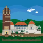 The Hochzeitsturm (wedding tower) and the Exhibition Building at the Mathildenhöhe in Darmstadt, Germany.