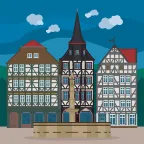The Rolandsbrunnen fountain in front of the Kaufmannsgildehaus St. Michaelis and two more timber-framed buildings in the town of Fritzlar, Germany.