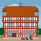 Das Rathaus in Fachwerkbauweise im romantischen Melsungen, Deutschland.