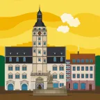 Der Marktplatz von Gera mit dem Rathaus und dem Simsonbrunnen in Thüringen, Deutschland.