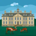 A group of deer in front of Belton House in the town of Belton in Lincolnshire, United Kingdom.