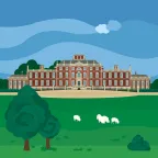 Eine Schafherde weidet vor Wimpole Hall in Cambridgeshire, England.