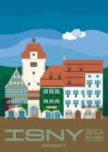 The town hall of Isny and, in the background, the Espantor (Espan gate) in Baden-Württemberg, Germany.