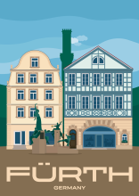 The Gauklerbrunnen (Jugglers fountain) in front of historic buildings on the Grüner Markt in Fürth, Germany.