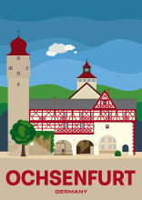 The medieval Unteres Tor (Lower gate) next to the Taubenturm (Pigeon tower) in Ochsenfurt, Germany.