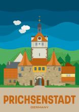 The town wall with the Westtor (western gate) and in the background the Stadtturm (town tower) of Prichsenstadt in Bavaria, Germany.