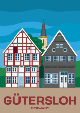 Un bâtiment historique à ossature bois et un bâtiment historique en ardoise sur l'Alte Kirchplatz à Gütersloh, en Allemagne.