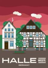 A beautiful timber-framed building next to the Landwehr-Haus at the Haller Herz in Halle (Westfalen), Germany.