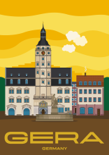 Der Marktplatz von Gera mit dem Rathaus und dem Simsonbrunnen in Thüringen, Deutschland.