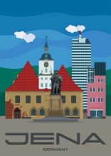 La statue de Jean-Frédéric Ier et l'hôtel de ville historique sur la place du marché. En arrière-plan, la tour Jentower de la ville d'Iéna, en Allemagne.