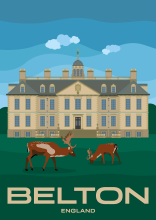 A group of deer in front of Belton House in the town of Belton in Lincolnshire, United Kingdom.