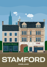 Two beautiful historic buildings with storefronts on the High Street of Stamford in Lincolshire, England.