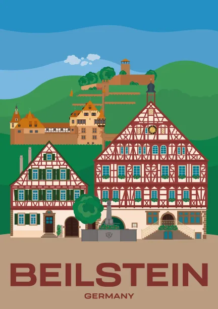 A timber-framed building and the timber-framed town hall below the Unteres Schloss (lower palace) and Hohenbeilstein Castle in the town of Beilstein in Baden-Württemberg, Germany.