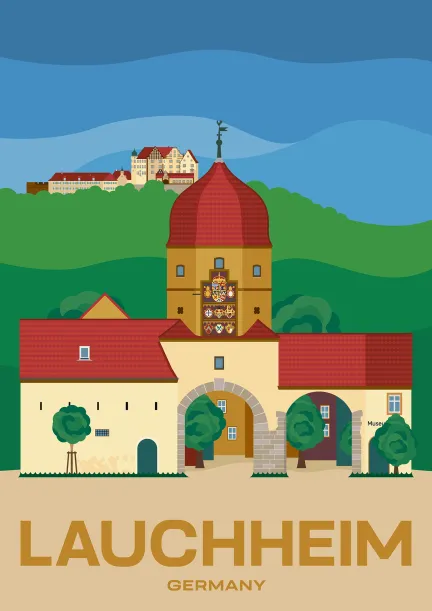 The Oberes Tor (Upper Gate) and Kapfenburg palace in Lauchheim in Baden-Württemberg, Germany.