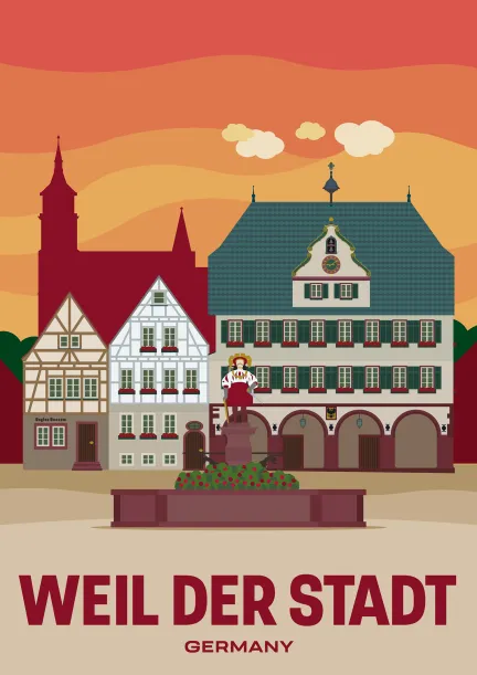 Der Marktplatz mit dem Rathaus und, ganz links, dem Geburtshaus von Johannes Keppler in Weil der Stadt, Deutschland.