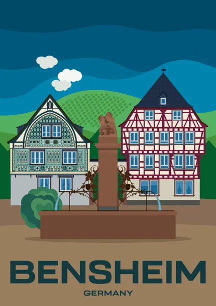 The Hospitalbrunnen in front of two timber-framed buildings, one decorated with Hessian scratch coat, in Bensheim, Germany.