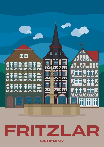 The Rolandsbrunnen fountain in front of the Kaufmannsgildehaus St. Michaelis and two more timber-framed buildings in the town of Fritzlar, Germany.