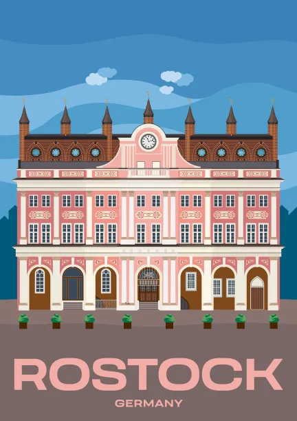 Das Rathaus von Rostock, eine Mischung aus Barock und Backsteingotik, in Mecklenburg-Vorpommern, Deutschland.