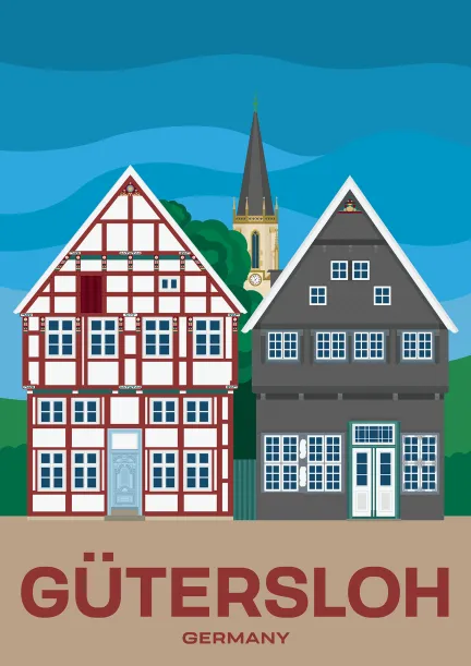 A historic timber-framed building and a historic slate building at the Alte Kirchplatz in Gütersloh, Germany.