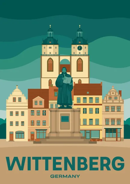Die Statue von Martin Luther vor der Stadt- und Pfarrkirche St. Marien zu Wittenberg in Wittenberg, Deutschland.
