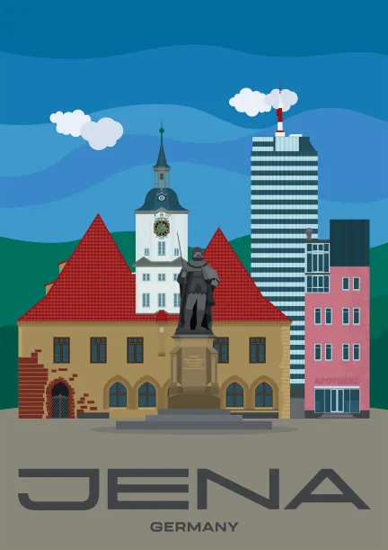 La statue de Jean-Frédéric Ier et l'hôtel de ville historique sur la place du marché. En arrière-plan, la tour Jentower de la ville d'Iéna, en Allemagne.