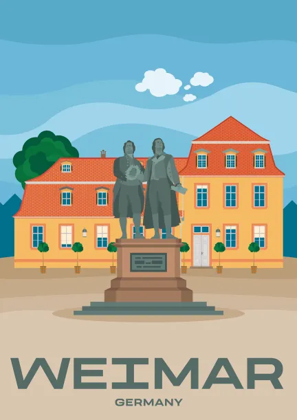 The statue of Goethe and Schiller in front of the Dowager's Palace (Wittumspalais) in Weimar, Germany.