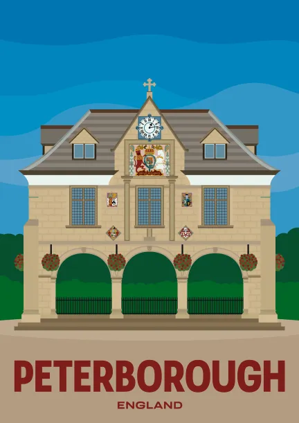 The Guild Hall showing the coat of arms of King Charles, in Peterborough in Cambridgeshire, England.