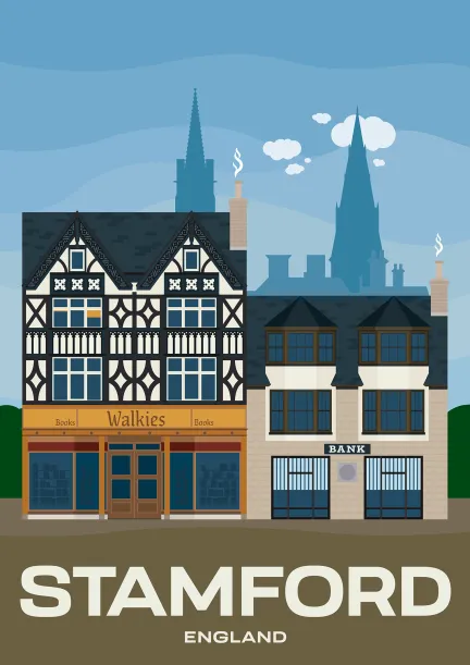 Deux beaux bâtiments historiques avec des façades de magasins sur la High Street de Stamford dans le Lincolshire, en Angleterre.
