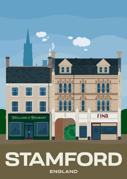 Two beautiful historic buildings with storefronts on the High Street of Stamford in Lincolshire, England.