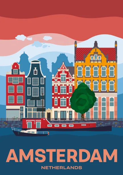 The famous dancing houses on the Damrak Gracht in Amsterdam, Netherlands.