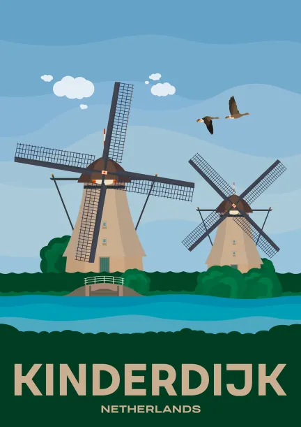 The famous dutch windmills, surrounded by tulip fields, in Kinderdijk, Netherlands.