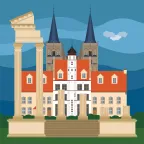 Le temple portuaire reconstruit devant la vieille ville et la cathédrale de Xanten, Allemagne.