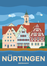The old town of Nürtingen in Baden-Württemberg on the banks of the Neckar. The Laurentius Church in the background.