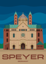 A modern illustrated travel poster showing the Imperial Cathedral of Speyer, a UNSECO World Heritage Site in Speyer, Germany.
