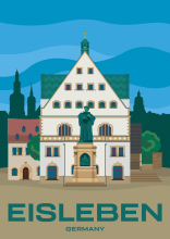Die Statue von Martin Luther vor dem Rathaus von Eisleben in Sachsen-Anhalt, Deutschland.