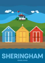 A set of colorful beach huts and in the background the hut of Sheringham Coast Watch in Sheringham, Norfolk.