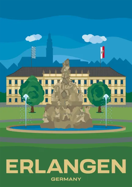 The Hugenottenbrunnen in front of Schloss Erlangen in Bavaria, Germany.