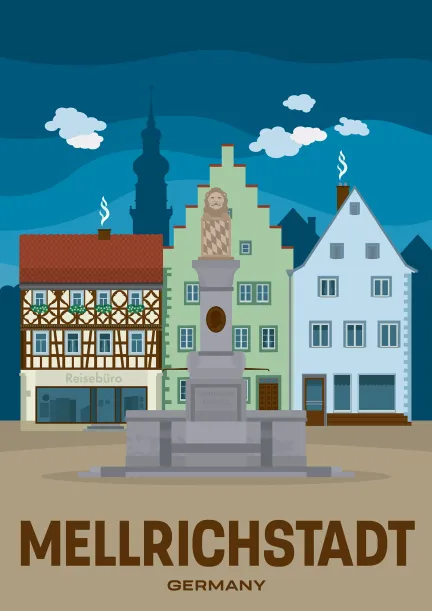 The fountain Prinzregent-Luitpold-Brunnen in front of pretty buidlings in Mellrichstadt, Germany.