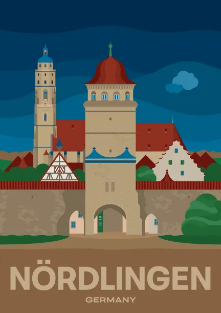 The romantic old town with the Saint George's Church in Nördlingen, Germany.