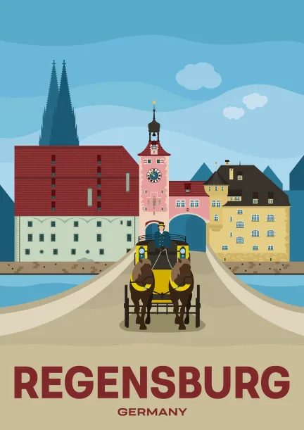 Der Salzstadel, das Stadttor und der Dom in Regensburg, Deutschland.