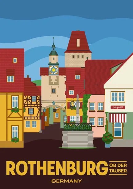 Der Röderbrunnen vor dem Markusturm und dem Weißen Turm in der romantische Altstadt von Rothenburg ob der Tauber, Deutschland.
