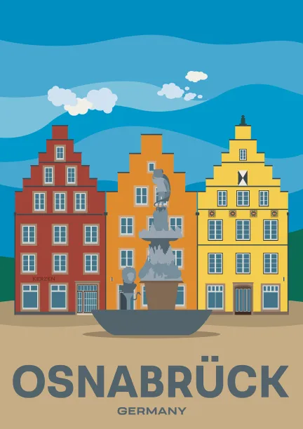 The Bürgerbrunnen (Citizens' fountain) in front of a set of beautiful buildings at the market square in Osnabrück, Germany.