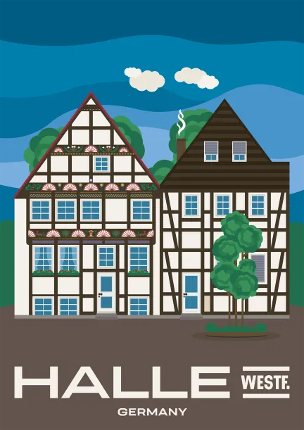 Zwei schöne Fachwerkgebäude am Haller Herz in Halle (Westfalen), Deutschland.