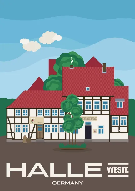 Ein Museum in einem schönen Fachwerkgebäude auf dem Haller Herz in Halle (Westfalen), Deutschland.