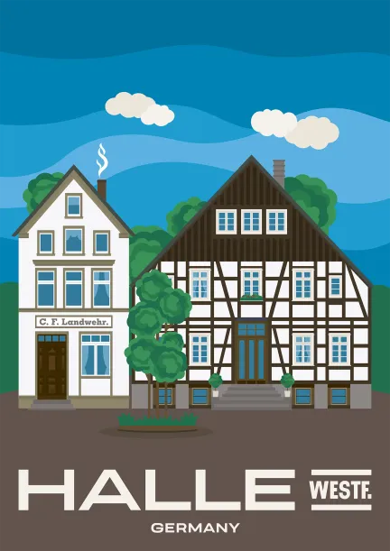 Ein das Landwehr-Haus und ein schönes Fachwerkgebäude am Haller Herz in Halle (Westfalen), Deutschland.