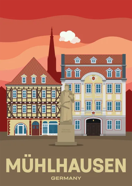 The monument to Thomas Müntzer in front of historic buildings at the Untermarkt in the town of Mühlhausen in Thuringia, Germany.