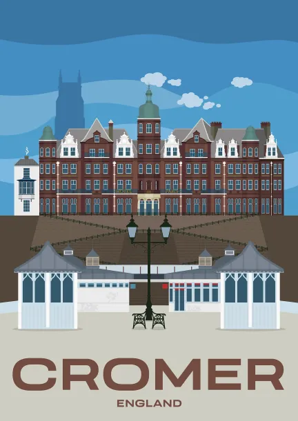 Cromer Pier in front of the Hotel de Paris in Norfolk, England.