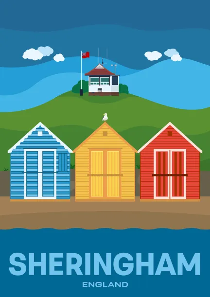 A set of colorful beach huts and in the background the hut of Sheringham Coast Watch in Sheringham, Norfolk.
