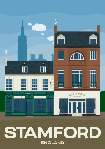 Deux beaux bâtiments historiques avec des façades de magasins sur la High Street de Stamford dans le Lincolshire, en Angleterre.
